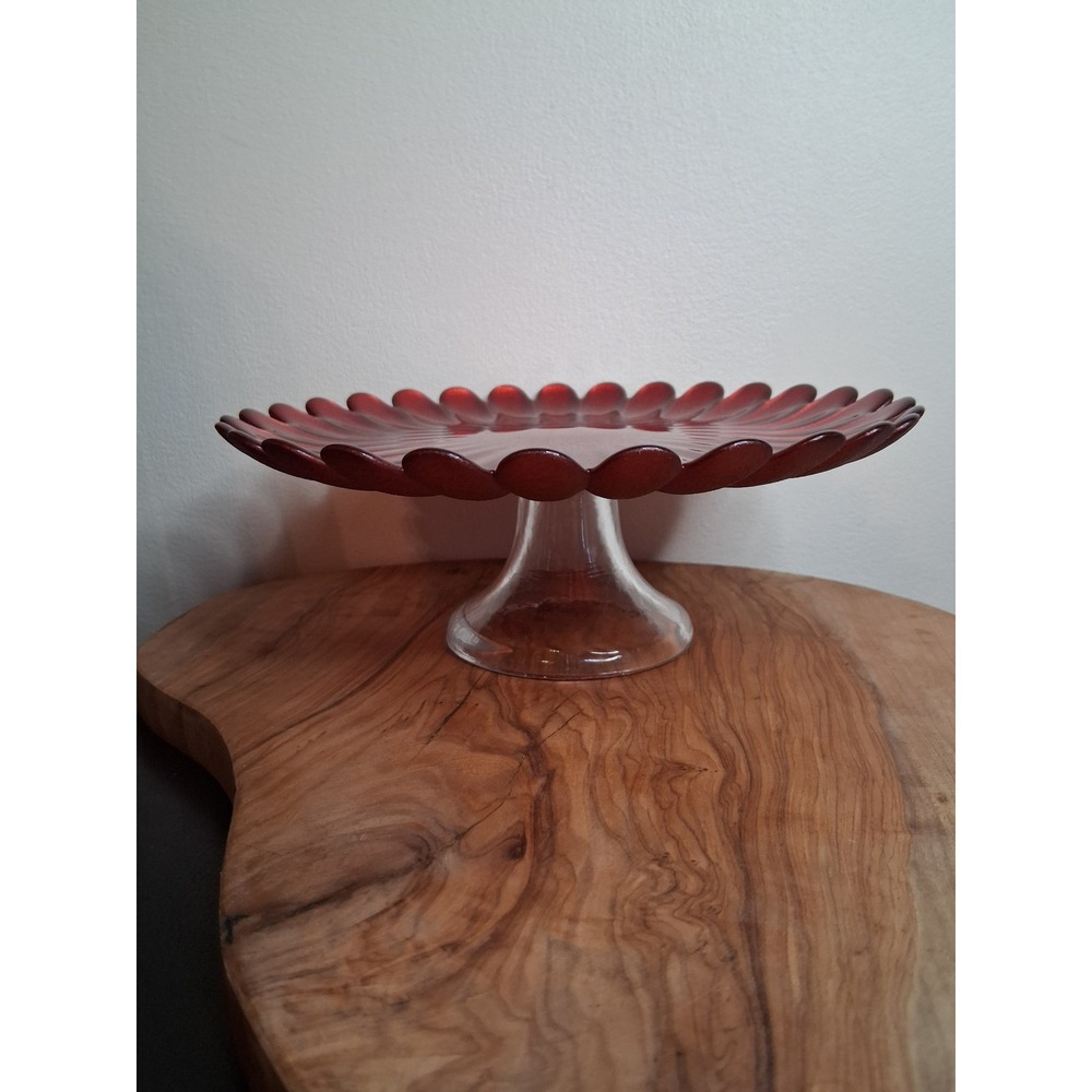Ruby Red Frosted Glass Scalloped Petal Cake Stand Clear Pedestal Base 9 Inch
